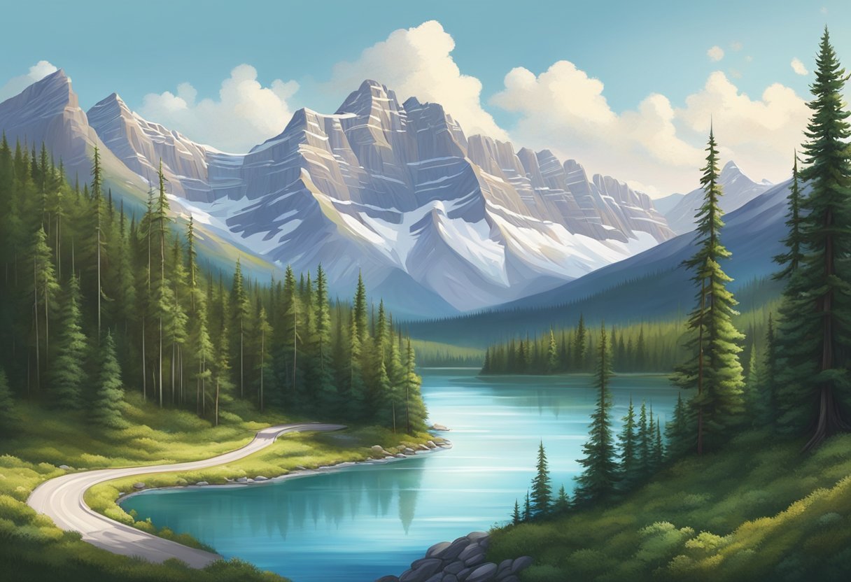 A winding road leads through lush forests towards the majestic peaks of the Canadian Rockies in Banff. Snow-capped mountains tower over crystal-clear lakes, creating a breathtaking natural landscape