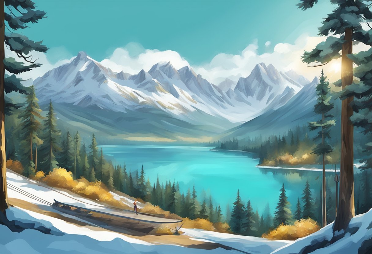 Snow-capped mountains frame turquoise lakes. Evergreen forests blanket the landscape. A gondola ascends to a panoramic view