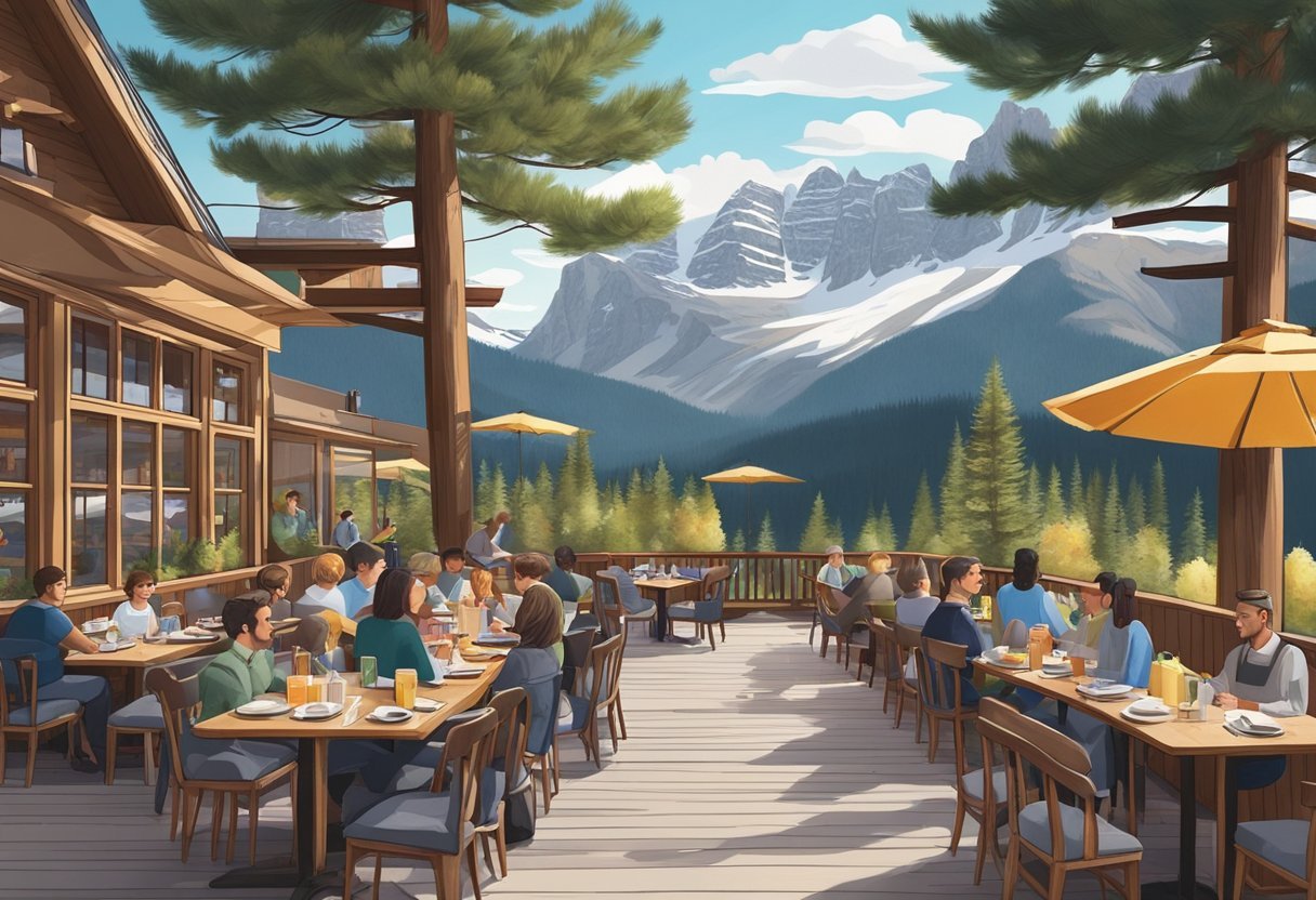A cozy restaurant with a mountain view, serving local cuisine and surrounded by pine trees in Banff