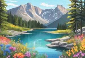 A beautiful mountain backdrop with colorful wildflowers and a sparkling lake, perfect for a Banff LGBTQ+ wedding