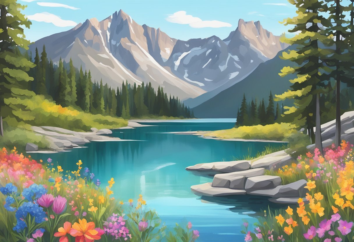A beautiful mountain backdrop with colorful wildflowers and a sparkling lake, perfect for a Banff LGBTQ+ wedding
