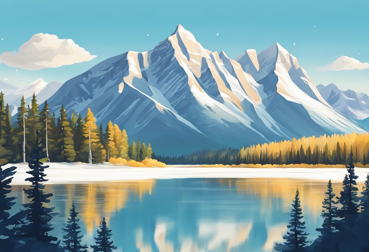 A serene mountain landscape in Banff with snow-capped peaks and a clear blue sky, perfect for an elopement