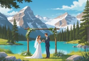 A couple exchanging wedding rings outdoors in front of snow-capped mountains and a turquoise lake in Banff.