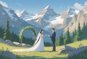 A couple exchanging wedding vows outdoors in front of snow-capped mountains and pine trees, with a floral arch nearby.